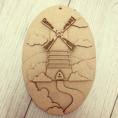 SJ152 - MDF Windmill Oval Plaque - Olifantjie - Wooden - MDF - Lasercut - Blank - Craft - Kit - Mixed Media - UK