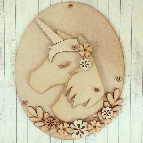 HC028 - MDF Floral Unicorn - Large Oval Plaque - Olifantjie - Wooden - MDF - Lasercut - Blank - Craft - Kit - Mixed Media - UK