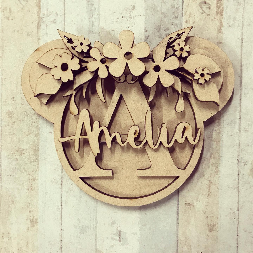 OL1425 - MDF Personalised Intricate Floral Panda Ears Initial Hanging Bauble - Olifantjie - Wooden - MDF - Lasercut - Blank - Craft - Kit - Mixed Media - UK