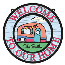 OL1826 - MDF Holiday Doodles -  Round Caravan camper  Tent Personalised  Scene Layered Plaque ‘Welcome to our home’ - Olifantjie - Wooden - MDF - Lasercut - Blank - Craft - Kit - Mixed Media - UK