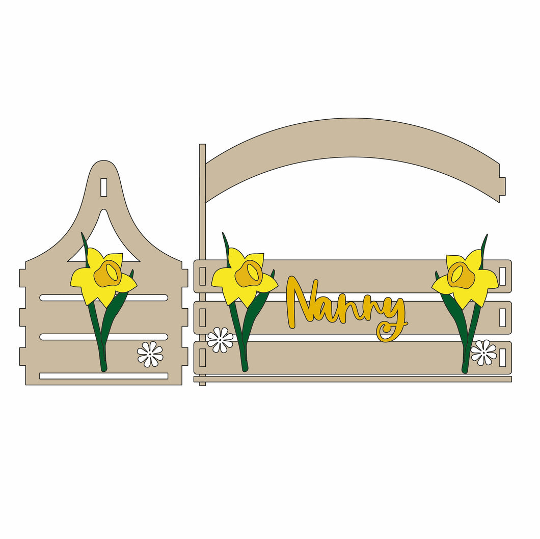 BK011 - MDF Slatted Basket -  Personalised Daffodil Floral Theme - Olifantjie - Wooden - MDF - Lasercut - Blank - Craft - Kit - Mixed Media - UK