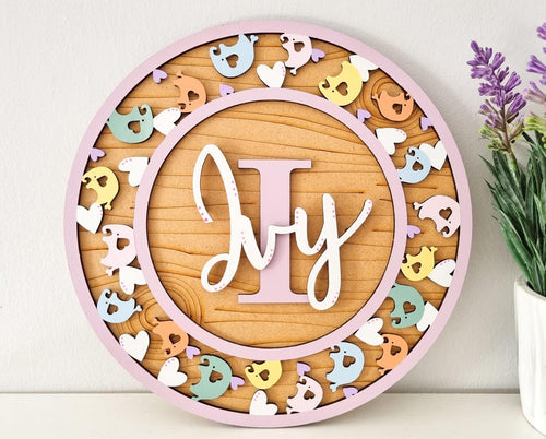 OL1441  - MDF Personalised Circle Plaque Frame - Elephant and Hearts Theme - Olifantjie - Wooden - MDF - Lasercut - Blank - Craft - Kit - Mixed Media - UK
