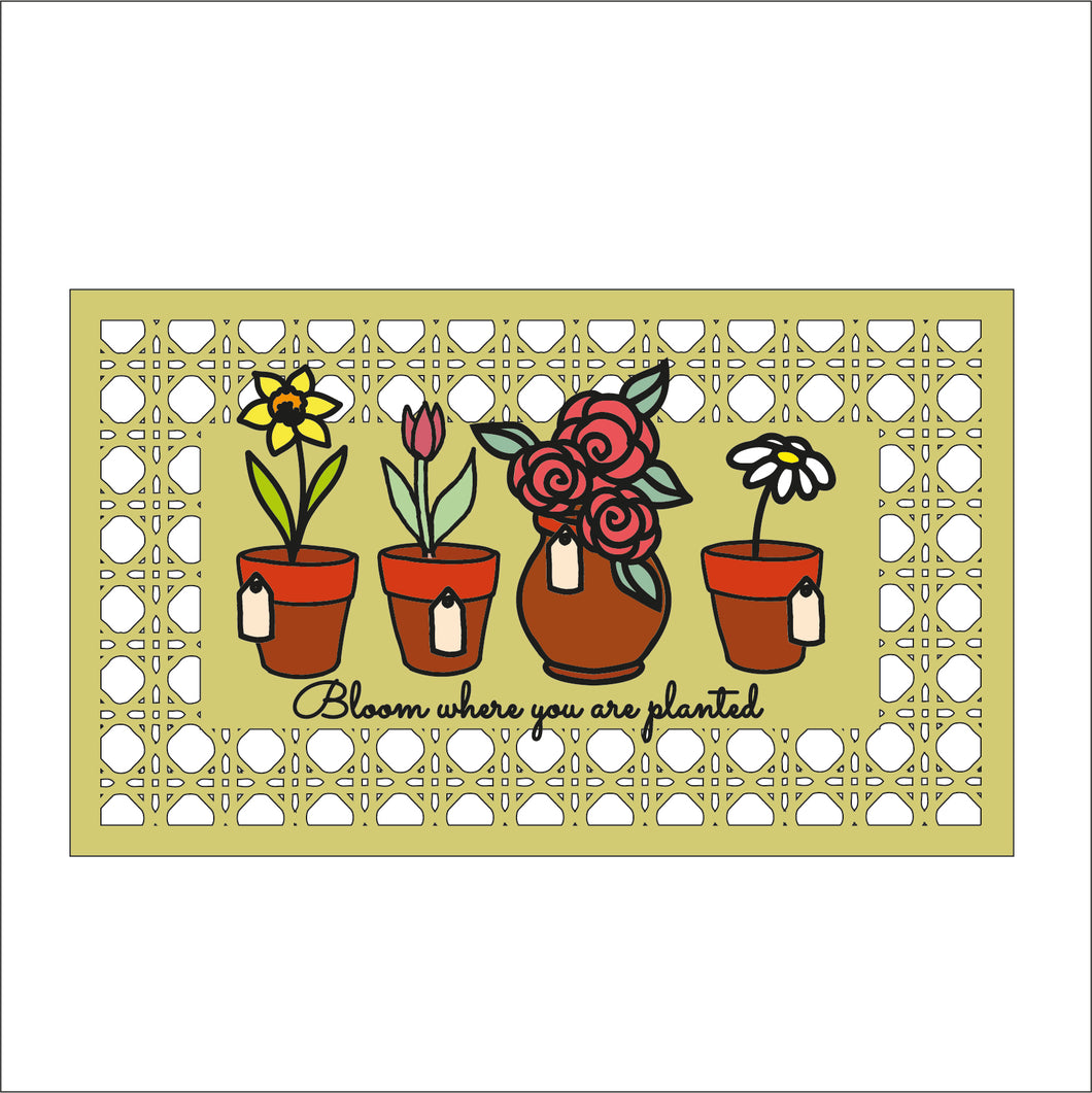 OL1653 - MDF Garden Doodles - Rattan Plant Pot Layered Plaque ‘bloom where you are planted’ - Olifantjie - Wooden - MDF - Lasercut - Blank - Craft - Kit - Mixed Media - UK