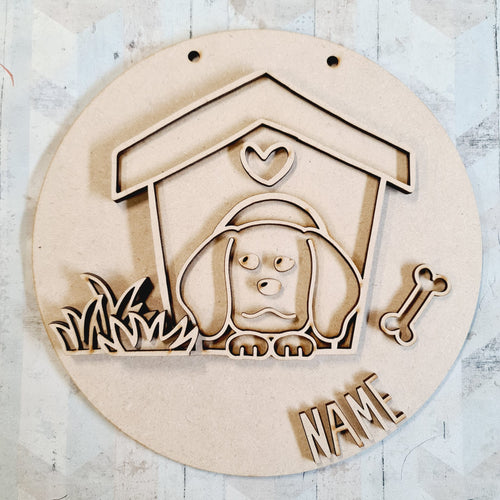 DN008 - MDF Dog Kennel Doodles - Round Personalised Layered Plaque- Style 3 - Olifantjie - Wooden - MDF - Lasercut - Blank - Craft - Kit - Mixed Media - UK