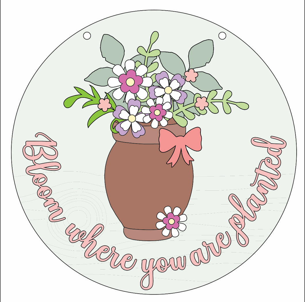 OL2984 - MDF Vase Flower ‘Bloom where you are planted’ Plaque - Olifantjie - Wooden - MDF - Lasercut - Blank - Craft - Kit - Mixed Media - UK