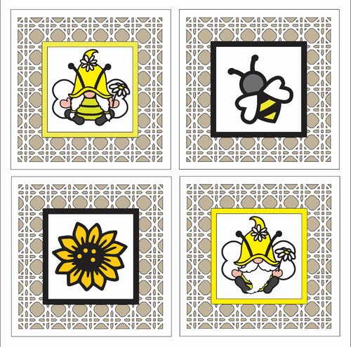 Ol2999 - MDF Rattan effect square plaque Doodle Bee Gnome theme  - Style 1 - Olifantjie - Wooden - MDF - Lasercut - Blank - Craft - Kit - Mixed Media - UK