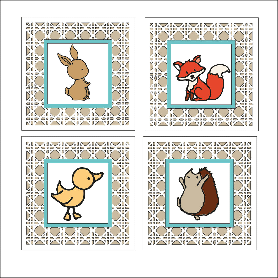 OL1494 - MDF set 4 rattan effect plaques with doodle animals - Olifantjie - Wooden - MDF - Lasercut - Blank - Craft - Kit - Mixed Media - UK