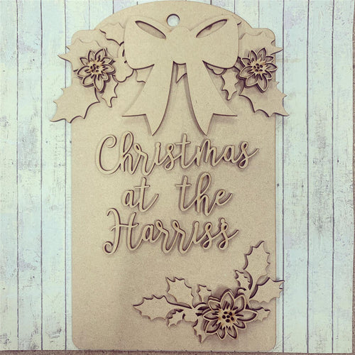 DT001 - MDF Large Hanging Door Tag / Luggage Label Holly & Poinsettia - Olifantjie - Wooden - MDF - Lasercut - Blank - Craft - Kit - Mixed Media - UK