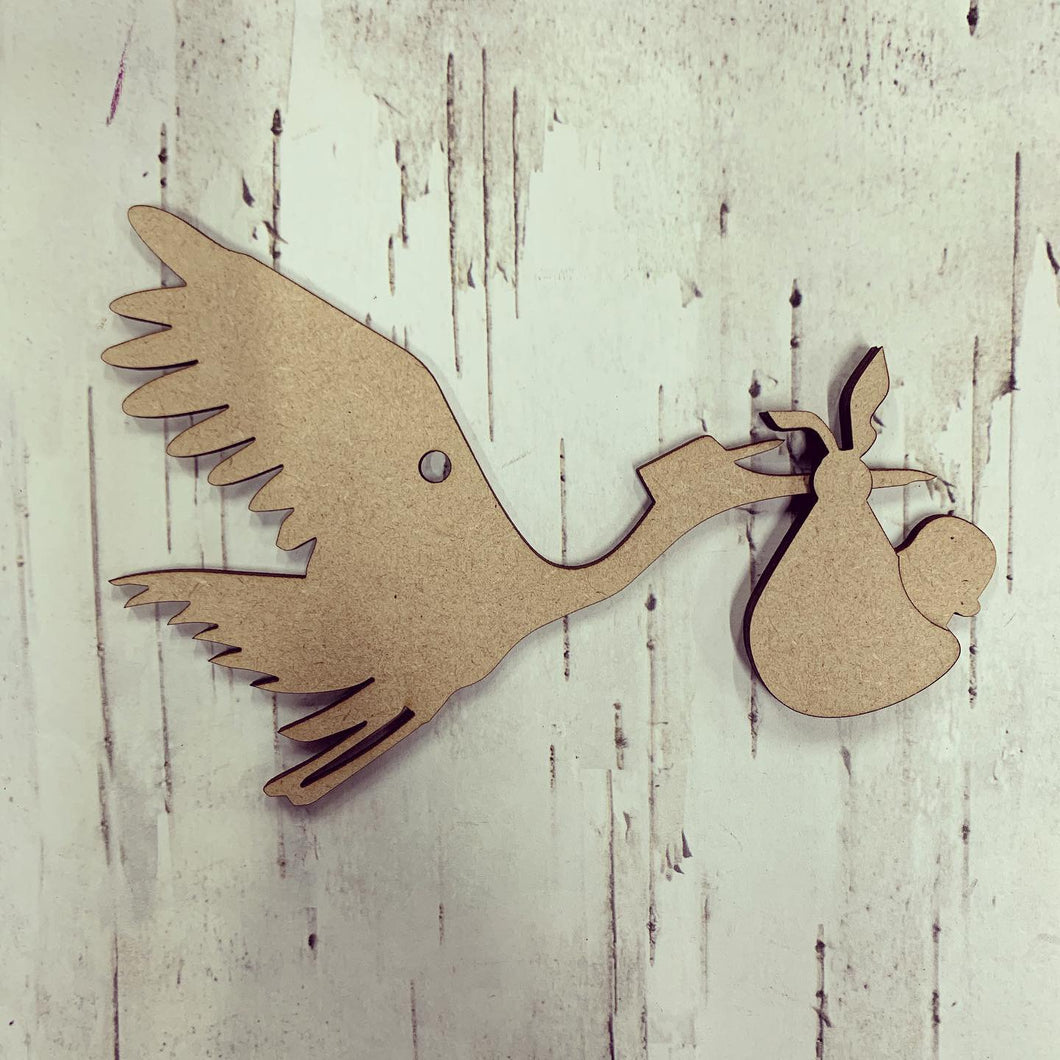 CH179 - MDF Stork with Baby Hanging Bauble - Olifantjie - Wooden - MDF - Lasercut - Blank - Craft - Kit - Mixed Media - UK