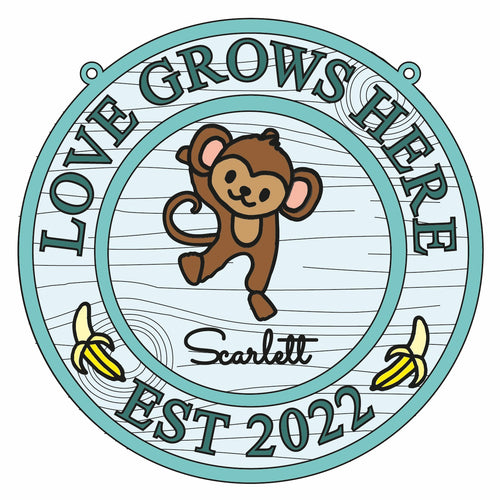 OL1728 - MDF Jungle personalised doodle Circle ‘love  grows here’ est date Plaque - Monkey - Olifantjie - Wooden - MDF - Lasercut - Blank - Craft - Kit - Mixed Media - UK
