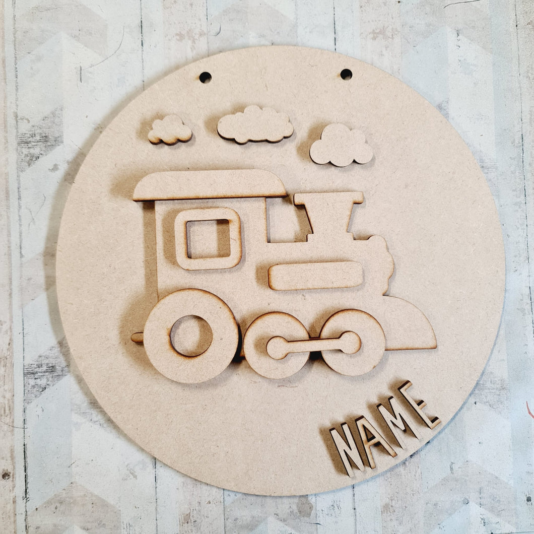 OL2952 MDF Train 2 Layered - Round Scene Personalised  Plaque with - Olifantjie - Wooden - MDF - Lasercut - Blank - Craft - Kit - Mixed Media - UK