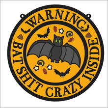 OL1922 - MDF Halloween Doodles -  Round Scene Layered Plaque- Warning Bat @*** Crazy Inside - Olifantjie - Wooden - MDF - Lasercut - Blank - Craft - Kit - Mixed Media - UK
