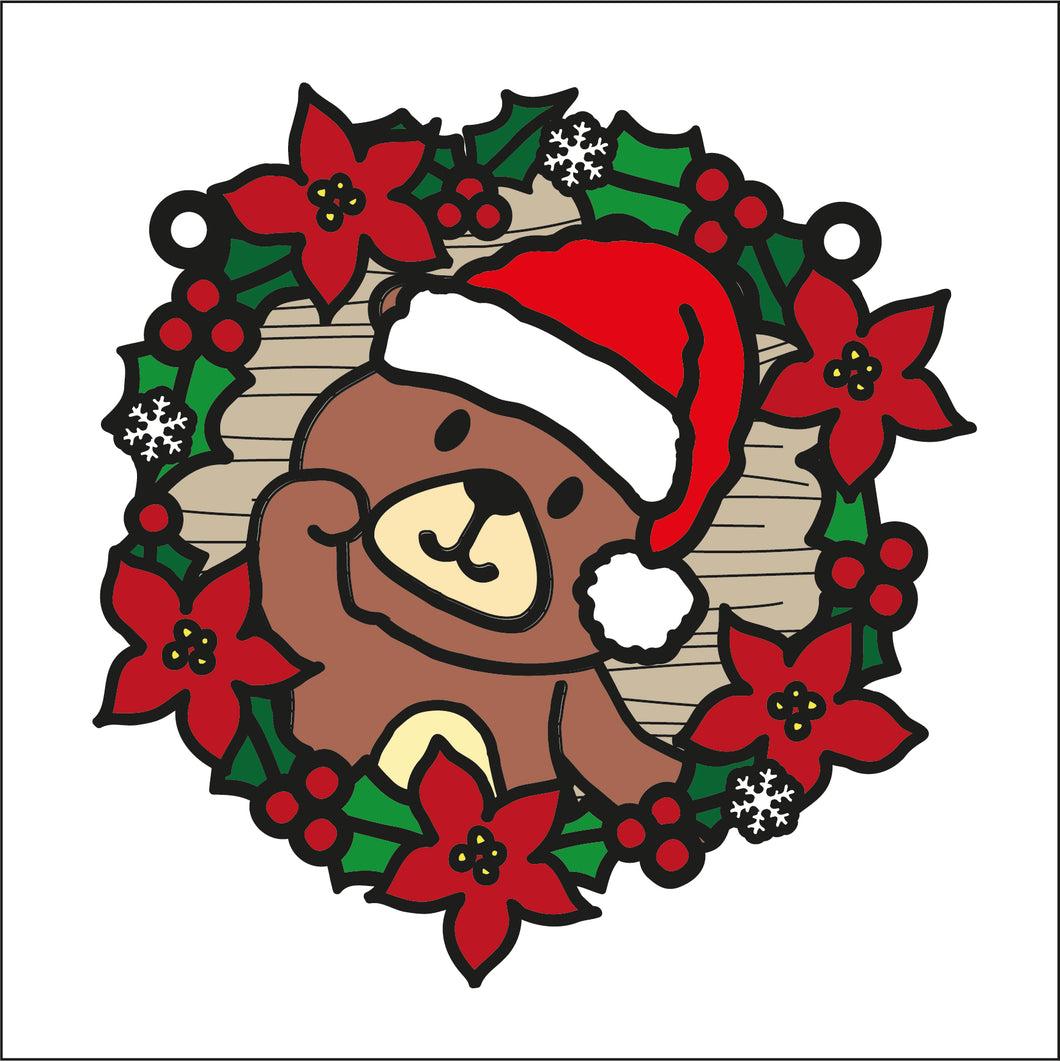 OL2737 - MDF Christmas Bear doodle Large Holly Wreath Plaque - Olifantjie - Wooden - MDF - Lasercut - Blank - Craft - Kit - Mixed Media - UK