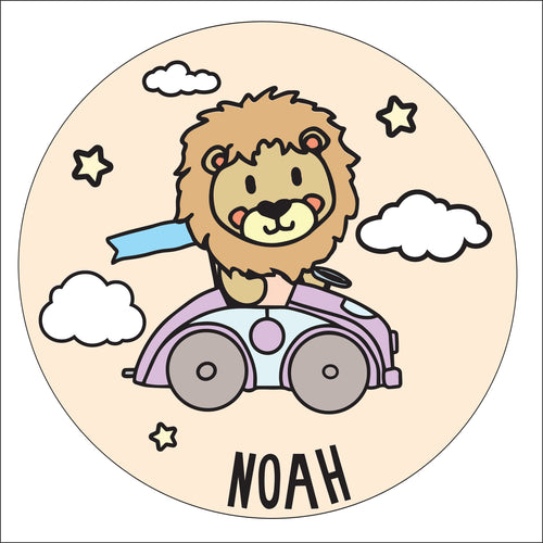 OL2882 - MDF Cute Animal Doodles - Round Scene Personalised Layered Plaque - Car Lion - Olifantjie - Wooden - MDF - Lasercut - Blank - Craft - Kit - Mixed Media - UK