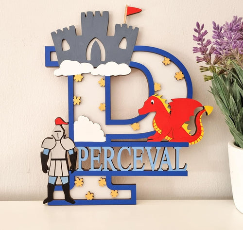 SL087 -  Castle, Dragon and Knight Themed Split Layered Personalised Letter - Olifantjie - Wooden - MDF - Lasercut - Blank - Craft - Kit - Mixed Media - UK