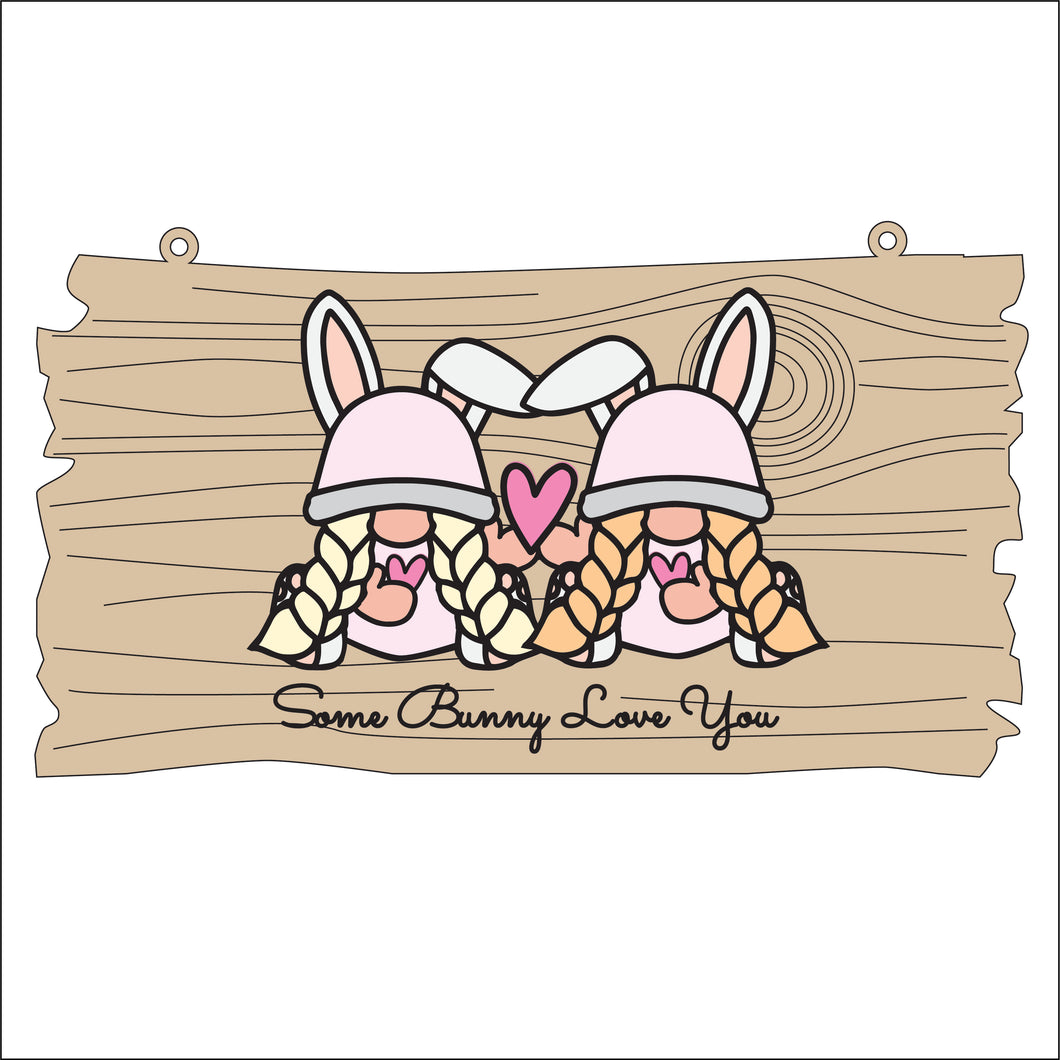 Ol2816 - MDF Easter /  Valentines Gnome Doodles - Plank ‘Some Bunny Loves You’ - 2 Females - Olifantjie - Wooden - MDF - Lasercut - Blank - Craft - Kit - Mixed Media - UK