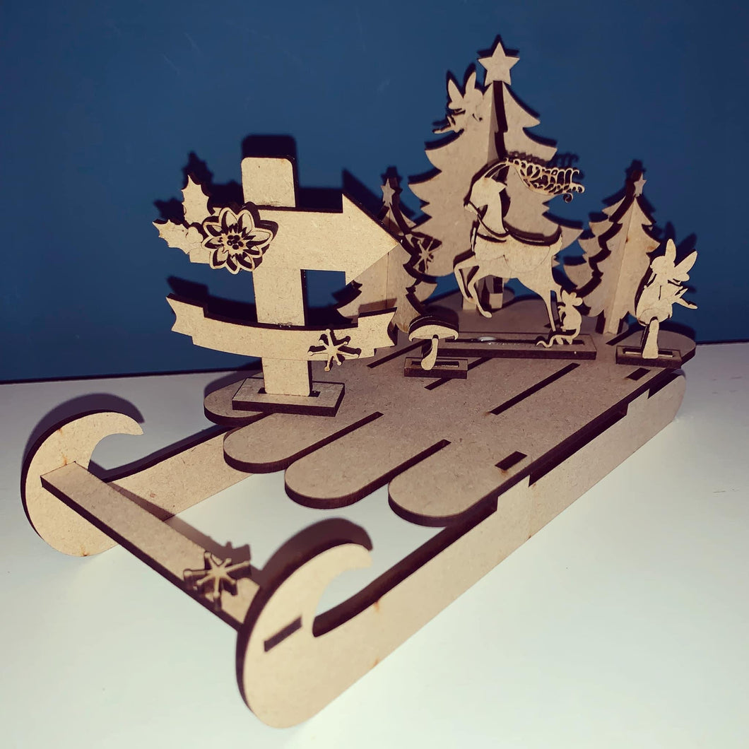 OL1169 - MDF 3d Sleigh with Scene - Reindeer - Olifantjie - Wooden - MDF - Lasercut - Blank - Craft - Kit - Mixed Media - UK