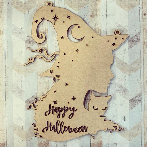 Sale OL933 - MDF 'Happy Halloween Witch hanging - Olifantjie - Wooden - MDF - Lasercut - Blank - Craft - Kit - Mixed Media - UK
