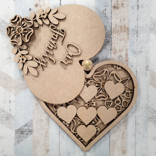 OL620 - MDF ‘ Our Family ’ heart layered plaque with spinning lid - Olifantjie - Wooden - MDF - Lasercut - Blank - Craft - Kit - Mixed Media - UK