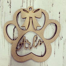 CH170 - MDF Personalised Dog Paw Print with Bow Bauble/Hanging - Olifantjie - Wooden - MDF - Lasercut - Blank - Craft - Kit - Mixed Media - UK