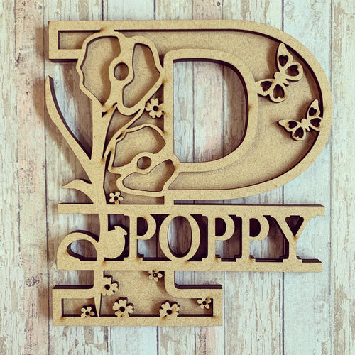 SL041 - Poppy Themed Split Layered Personalised Letter - Olifantjie - Wooden - MDF - Lasercut - Blank - Craft - Kit - Mixed Media - UK