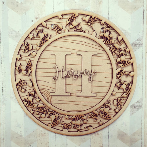 OL608 - MDF Personalised Circle Plaque Frame -   Pirate  Theme - Olifantjie - Wooden - MDF - Lasercut - Blank - Craft - Kit - Mixed Media - UK