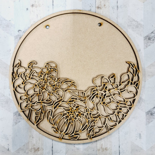 OL1013 - MDF Circle Plaque - Chrysanthemum Theme - Olifantjie - Wooden - MDF - Lasercut - Blank - Craft - Kit - Mixed Media - UK