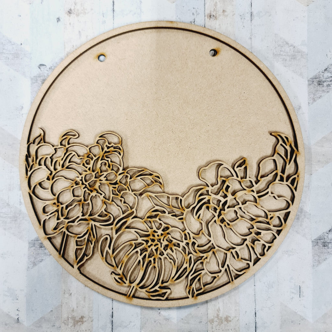 OL1013 - MDF Circle Plaque - Chrysanthemum Theme - Olifantjie - Wooden - MDF - Lasercut - Blank - Craft - Kit - Mixed Media - UK