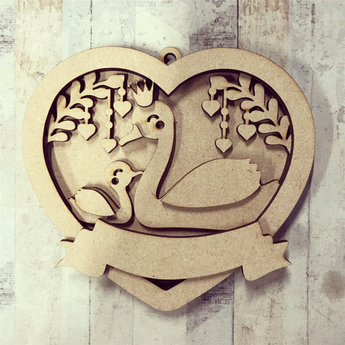 OL2758 - MDF Layered Heart  hanging with backing - Swans - Olifantjie - Wooden - MDF - Lasercut - Blank - Craft - Kit - Mixed Media - UK