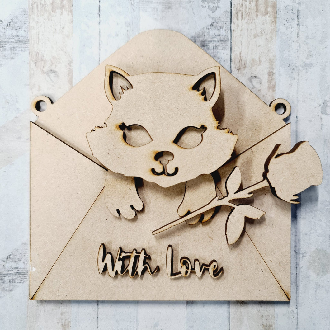 OL1252 - MDF Layered Envelope - Optional Hanging - Cat - Rose - Olifantjie - Wooden - MDF - Lasercut - Blank - Craft - Kit - Mixed Media - UK