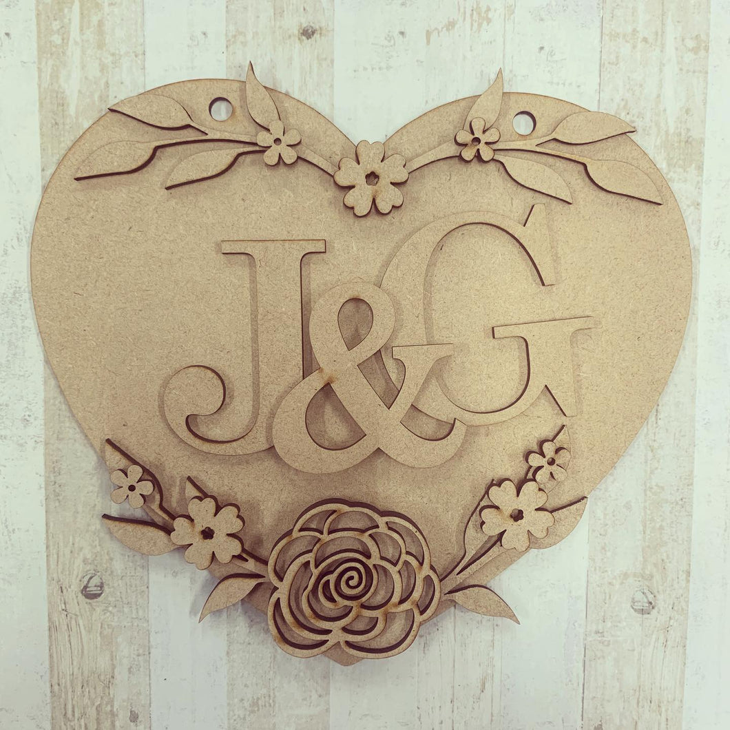 HH011- MDF Personalised Floral Heart Hanging - Olifantjie - Wooden - MDF - Lasercut - Blank - Craft - Kit - Mixed Media - UK