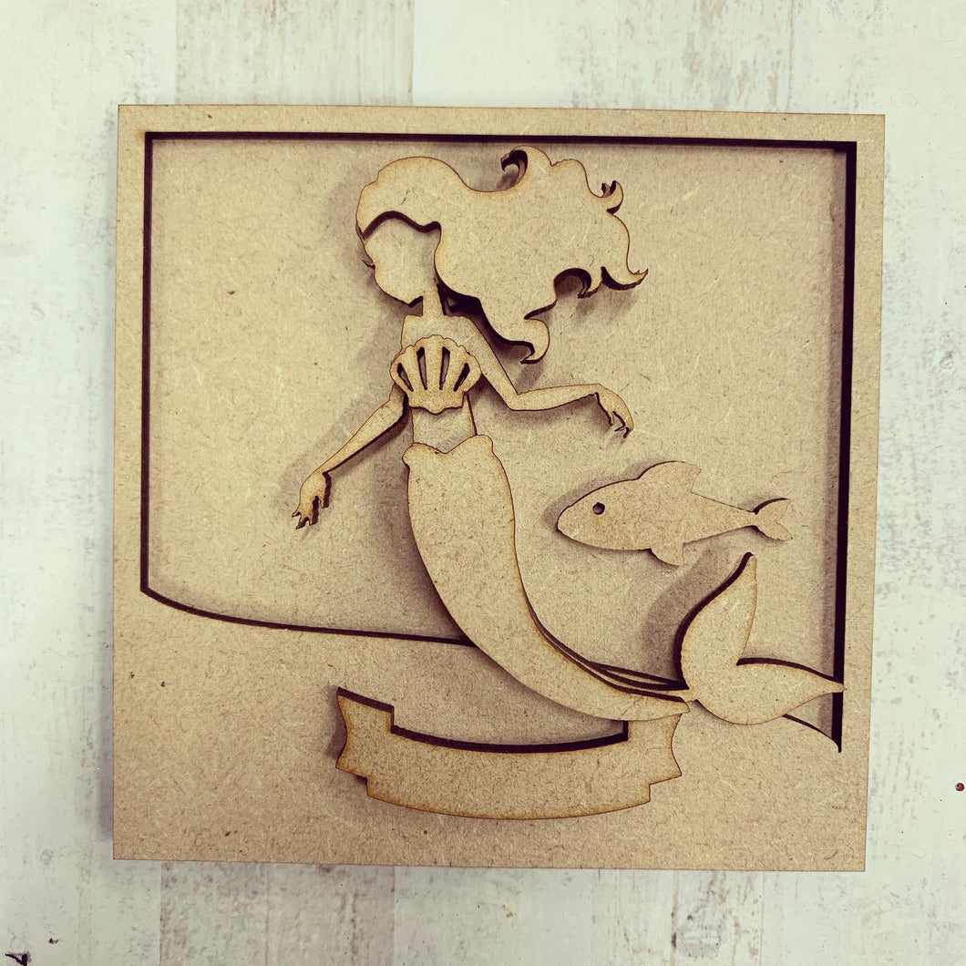 LH018 - MDF Mermaid Frame Square 3D Plaque - Two Sizes - Olifantjie - Wooden - MDF - Lasercut - Blank - Craft - Kit - Mixed Media - UK