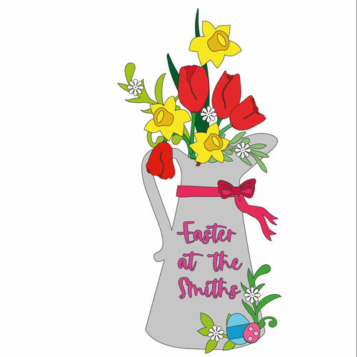 OL1192 - MDF Personalised (upto 2 lines) Large Floral Jug - Easter - Olifantjie - Wooden - MDF - Lasercut - Blank - Craft - Kit - Mixed Media - UK