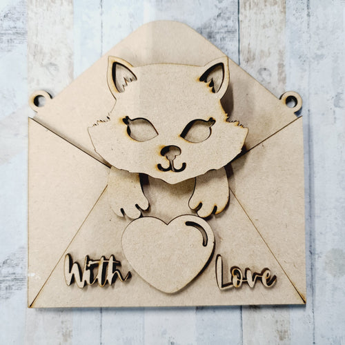OL1249 - MDF Layered Envelope - Optional Hanging - Cat - Heart - Olifantjie - Wooden - MDF - Lasercut - Blank - Craft - Kit - Mixed Media - UK