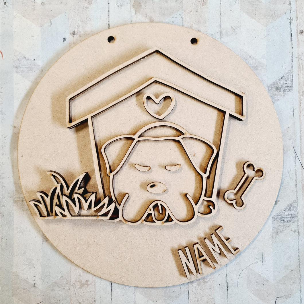 DN007 - MDF Dog Kennel Doodles - Round Personalised Layered Plaque- Style 2 - Olifantjie - Wooden - MDF - Lasercut - Blank - Craft - Kit - Mixed Media - UK