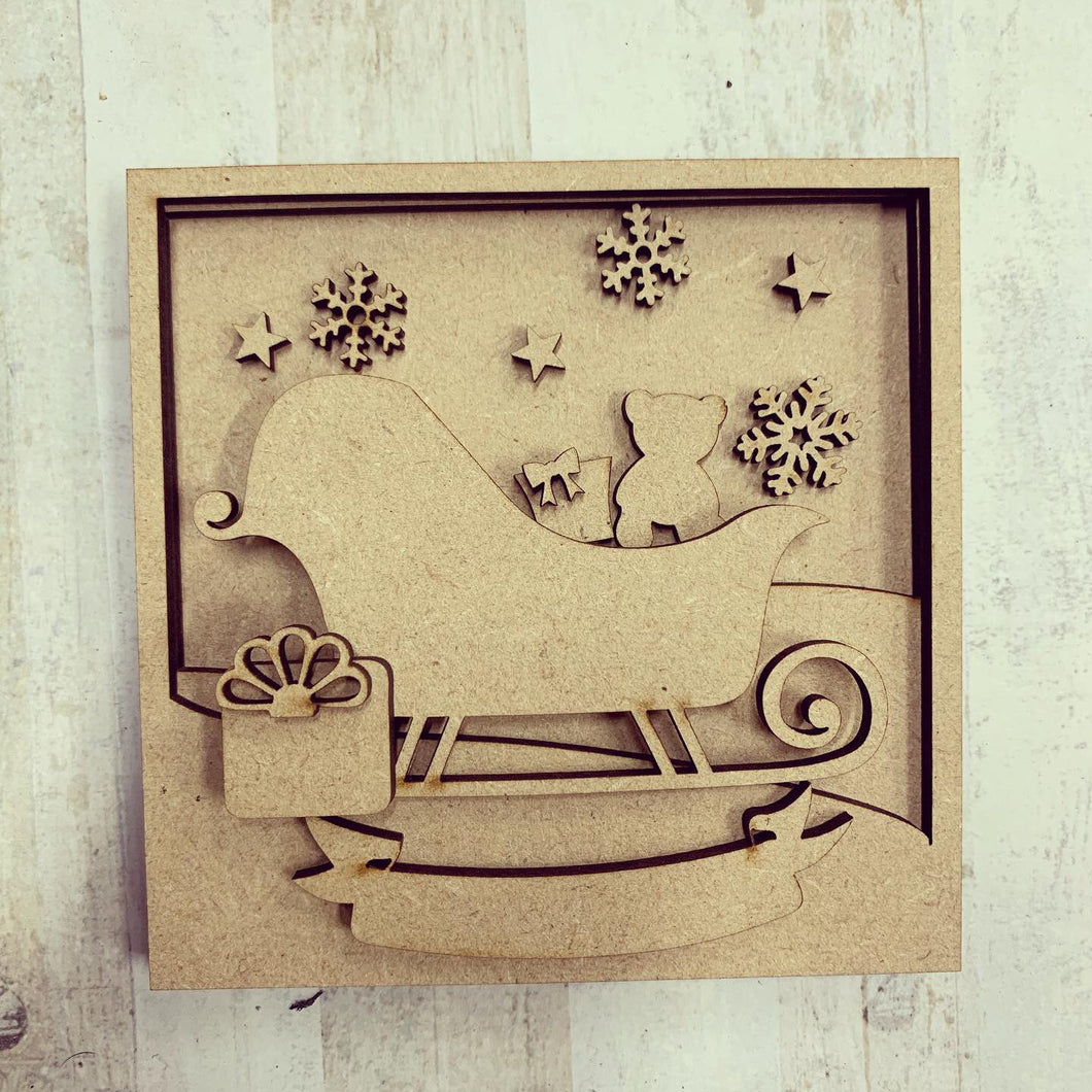 LH009 - MDF Santa Sleigh Frame Square 3D Plaque - Two Sizes - Olifantjie - Wooden - MDF - Lasercut - Blank - Craft - Kit - Mixed Media - UK