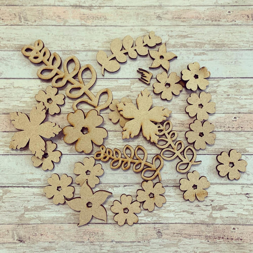 OL550 - MDF 30g Mixed woodland flowers and foliage shapes - Olifantjie - Wooden - MDF - Lasercut - Blank - Craft - Kit - Mixed Media - UK