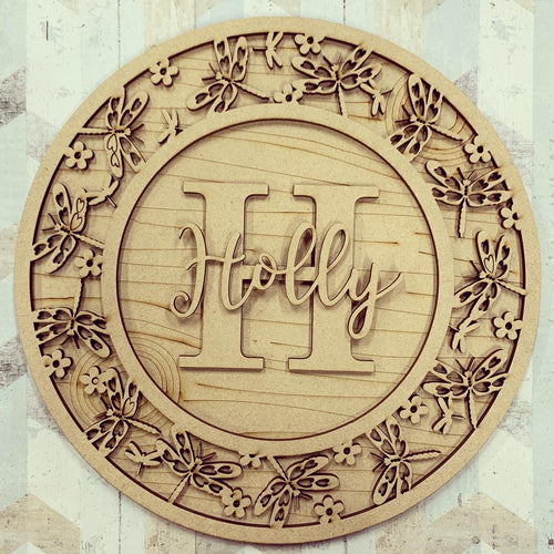 OL601 - MDF Personalised Circle Plaque Frame -  Dragonfly  Theme - Olifantjie - Wooden - MDF - Lasercut - Blank - Craft - Kit - Mixed Media - UK