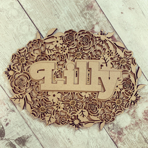 OL352 - MDF Floral Layered Personalised Word Plaque - Olifantjie - Wooden - MDF - Lasercut - Blank - Craft - Kit - Mixed Media - UK