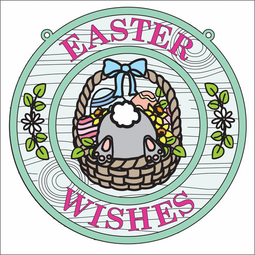 OL2832 - MDF Farmhouse Easter Doodle -  Circle Plaque - Bunny Bum basket - Olifantjie - Wooden - MDF - Lasercut - Blank - Craft - Kit - Mixed Media - UK