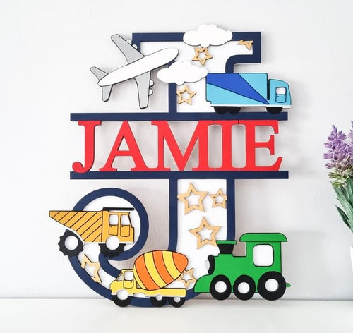 SL089 - Mixed Vehicles - Train,  plane, lorry, dumper and mixer Themed Split Layered Personalised Letter - Olifantjie - Wooden - MDF - Lasercut - Blank - Craft - Kit - Mixed Media - UK