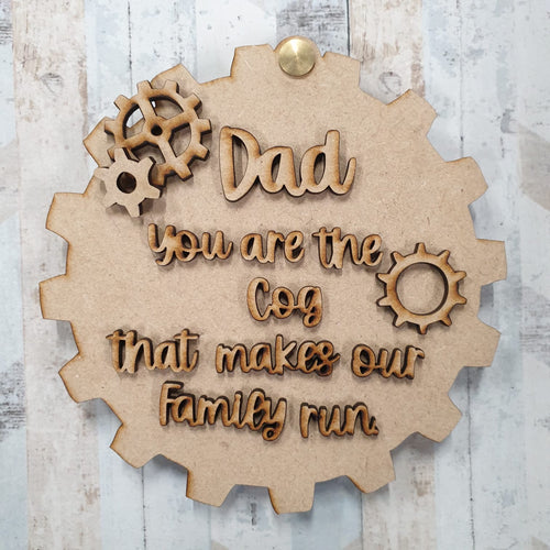 OL619 - MDF ‘Personalised ‘you are the cog that makes our family run ’ layered plaque with spinning lid - Olifantjie - Wooden - MDF - Lasercut - Blank - Craft - Kit - Mixed Media - UK