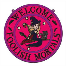OL1927 - MDF Halloween Doodles -  Round  Scene Layered Plaque-  Flying Witch ‘welcome foolish mortals’ - Olifantjie - Wooden - MDF - Lasercut - Blank - Craft - Kit - Mixed Media - UK