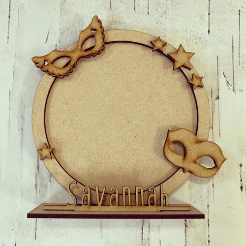 CF030 - MDF Theatre Masks Themed Personalised Freestanding Circular Photo Frame - Olifantjie - Wooden - MDF - Lasercut - Blank - Craft - Kit - Mixed Media - UK