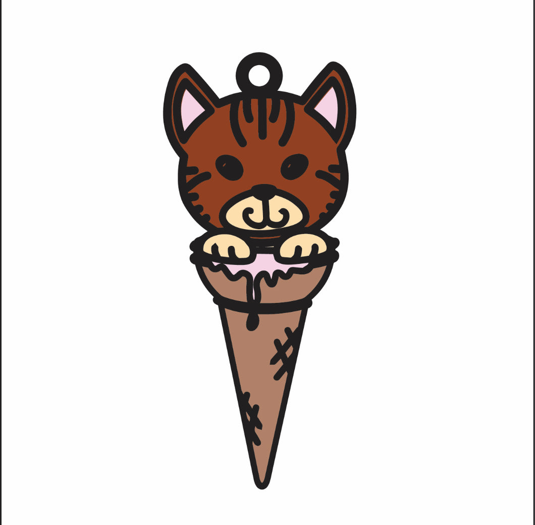 DN016 - MDF Doodle Cat 1 Icecream Hanging - With or without Banner - Olifantjie - Wooden - MDF - Lasercut - Blank - Craft - Kit - Mixed Media - UK