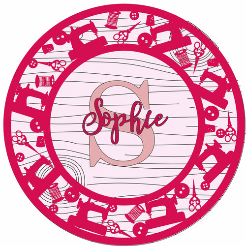 OL596 - MDF Personalised Circle Plaque Frame -  Sewing  Theme - Olifantjie - Wooden - MDF - Lasercut - Blank - Craft - Kit - Mixed Media - UK