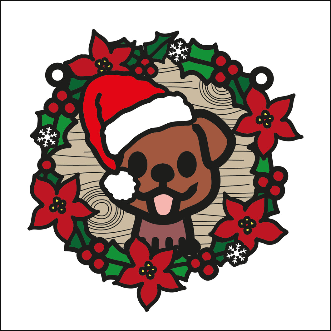 OL2752 - MDF Christmas Dog doodle Large Holly Wreath Plaque - Olifantjie - Wooden - MDF - Lasercut - Blank - Craft - Kit - Mixed Media - UK
