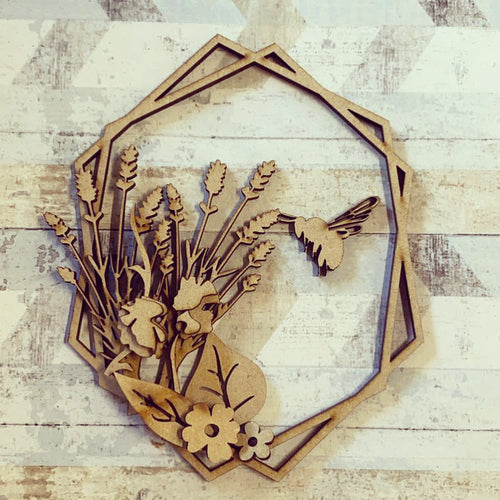 HX025 - MDF Lavender Bee Hexagonal Wreath - Olifantjie - Wooden - MDF - Lasercut - Blank - Craft - Kit - Mixed Media - UK