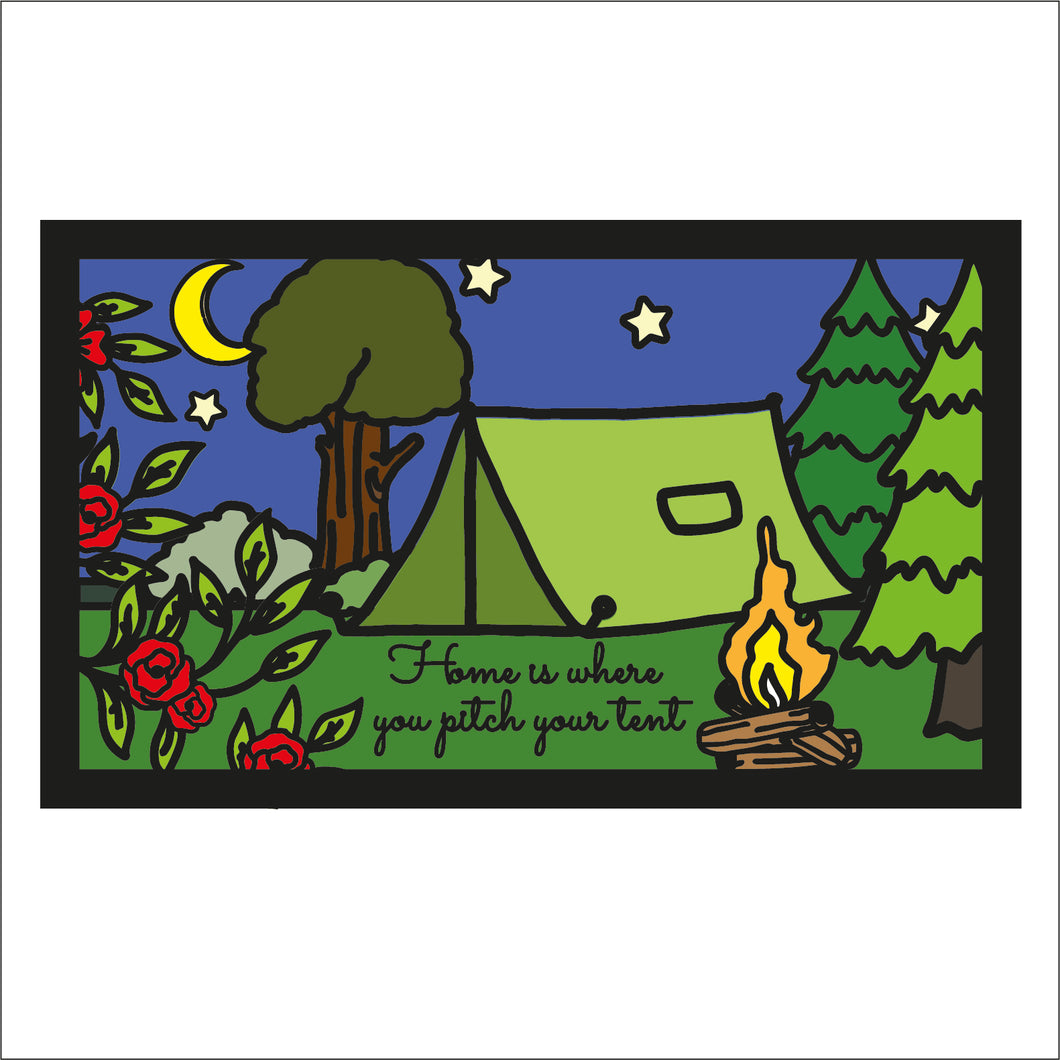 OL1825  - MDF Holiday Doodles -  Personalised Camping Tent Scene Layered Plaque - Olifantjie - Wooden - MDF - Lasercut - Blank - Craft - Kit - Mixed Media - UK