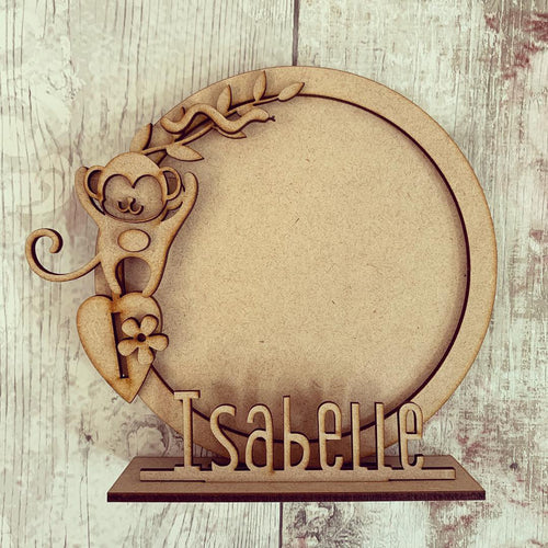 CF037 - MDF Monkey Themed Personalised Freestanding Circular Photo Frame - Olifantjie - Wooden - MDF - Lasercut - Blank - Craft - Kit - Mixed Media - UK